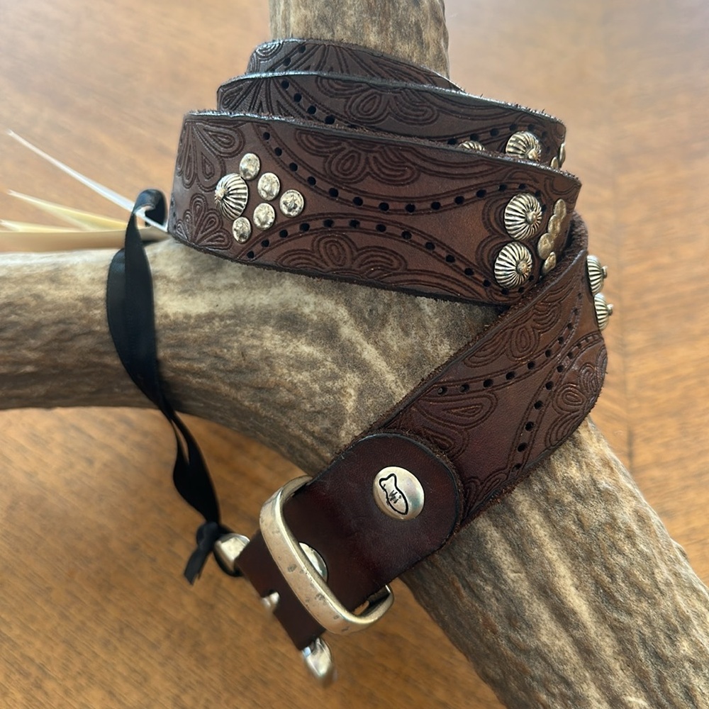 Campomaggi lazer cut tooled studded leather belt. New with tags from Sundance. - Picture 3 of 13